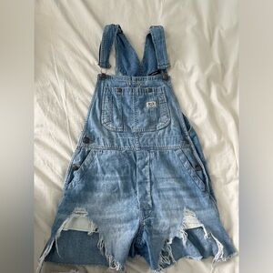 R13 Blue Distressed Denim Overalls